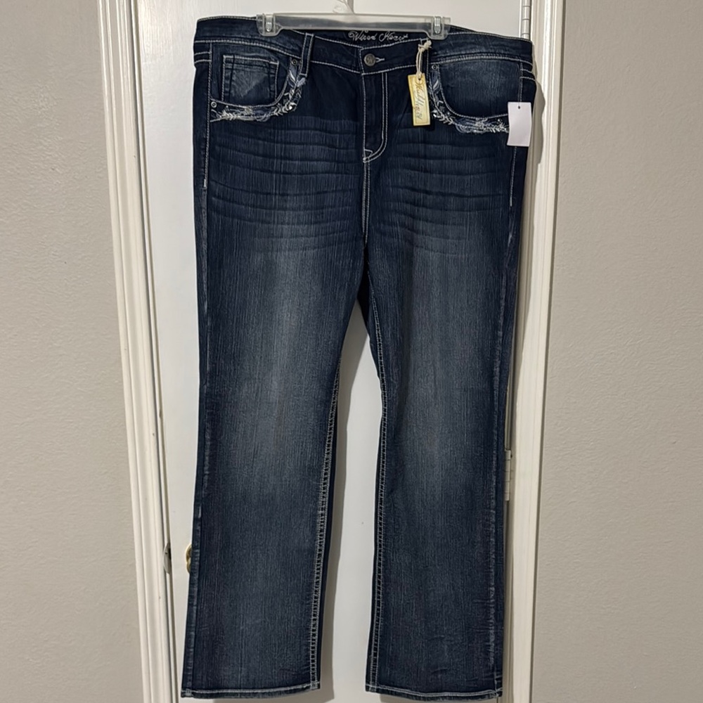 Dark Blue Boot Cut Jeans with Gold Stitching